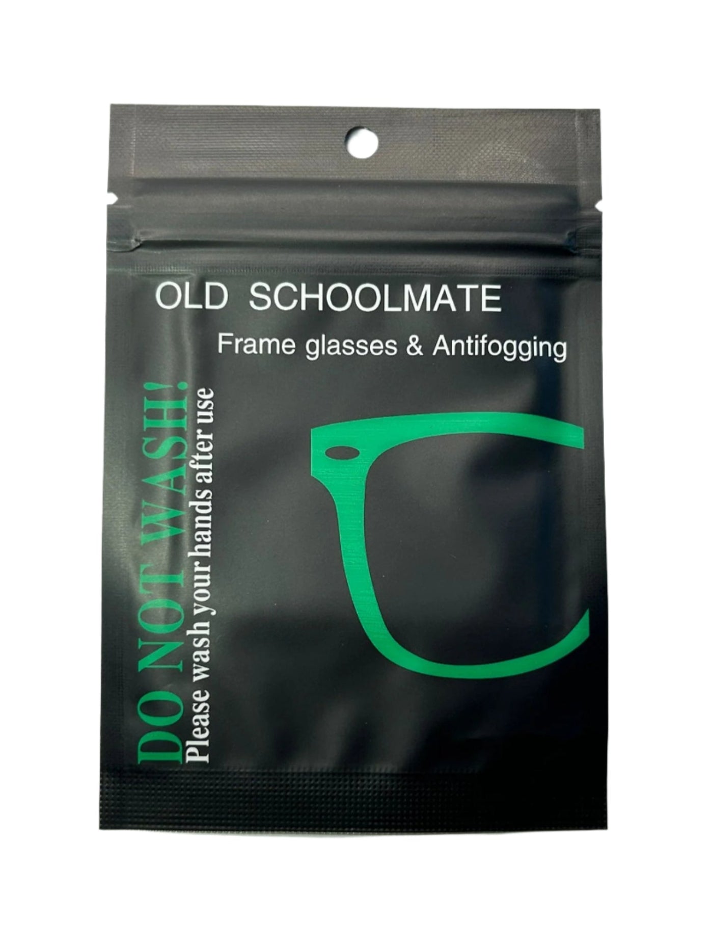 Black package with 'Old Schoolmate' branding for glasses care on a white background