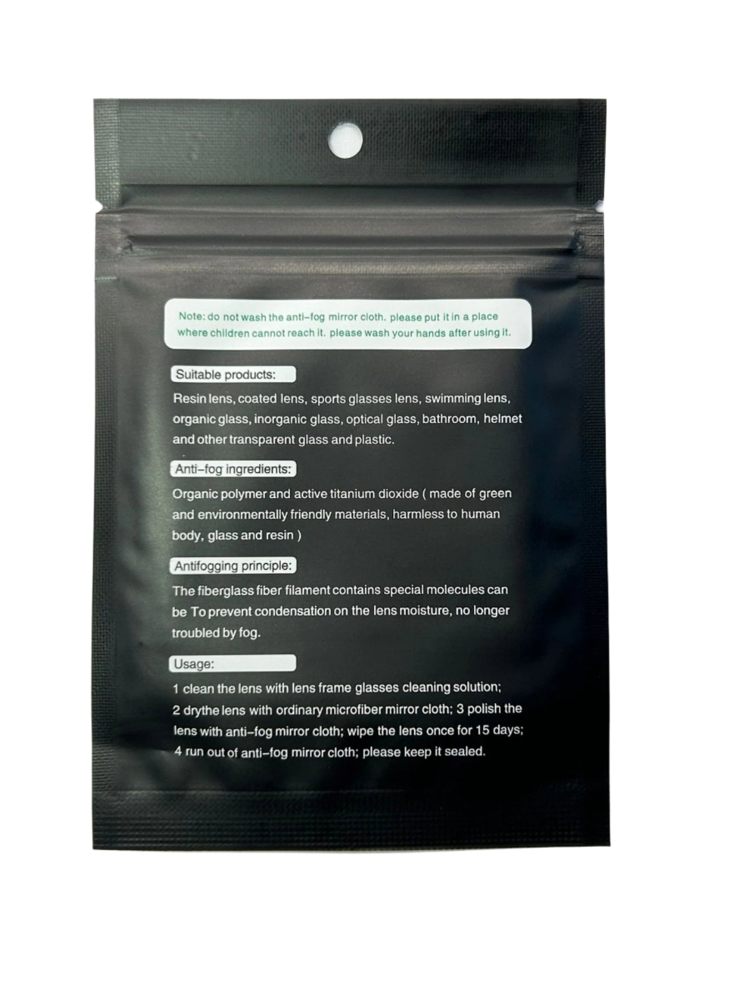 Black packaging with text on a white background